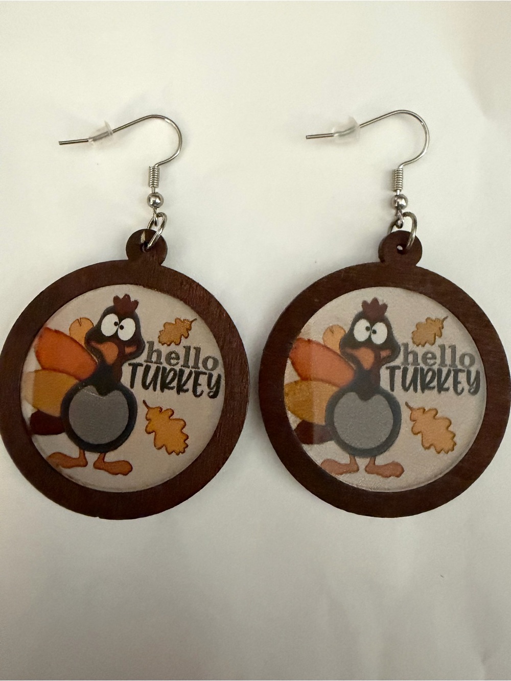 Hello Turkey Wooden Thanksgiving Earrings - Brown